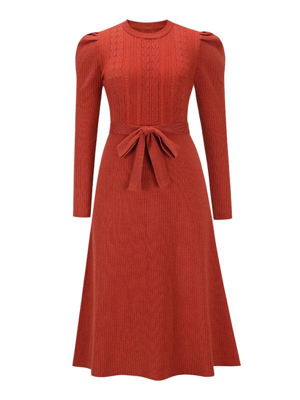 Women's Crew Neck Ruffle Cable Knit Sweater Midi Dress