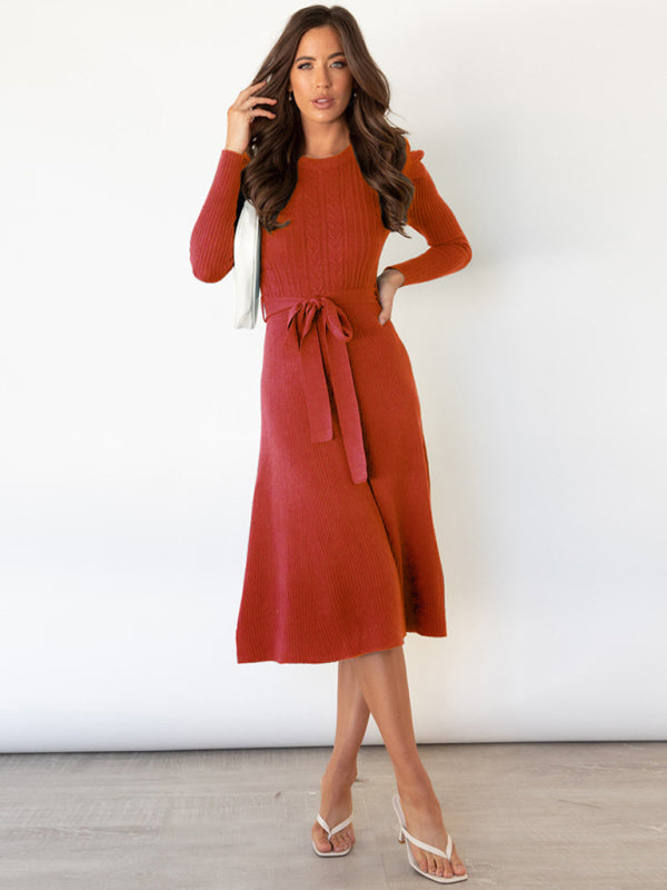 Women's Crew Neck Ruffle Cable Knit Sweater Midi Dress