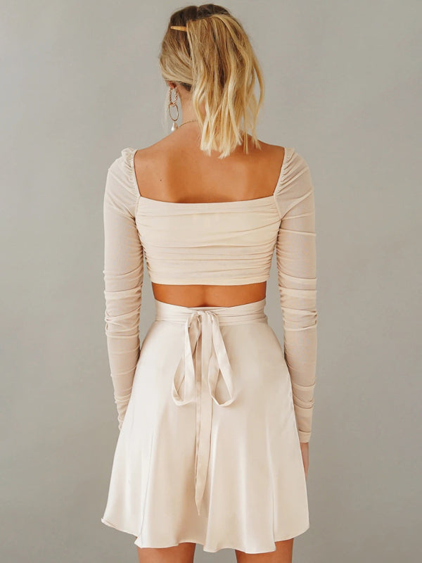 Women's Solid Color Satin Wrap Mini Skirt