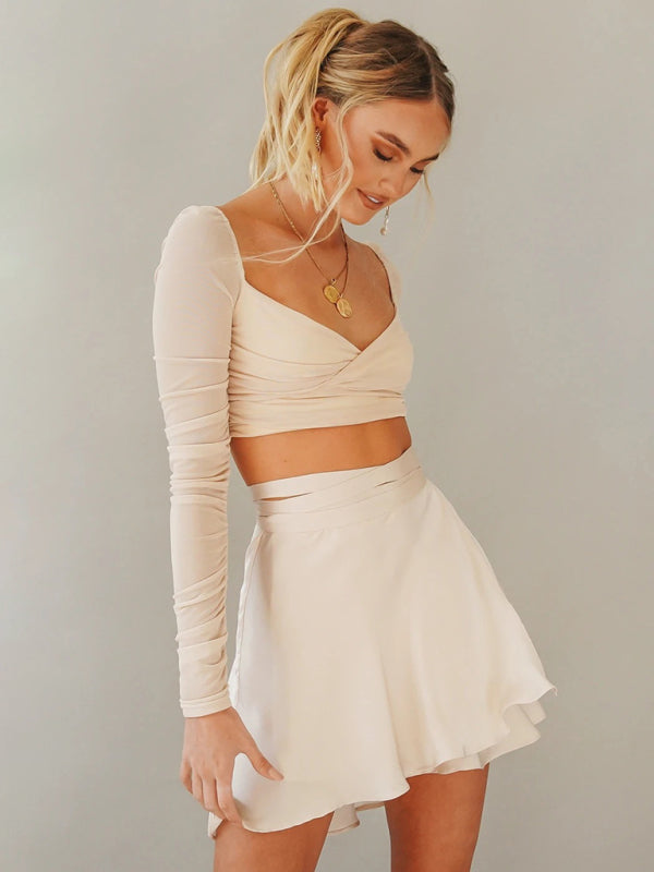 Women's Solid Color Satin Wrap Mini Skirt