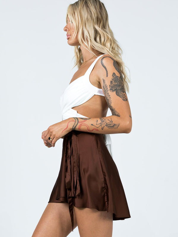 Women's Solid Color Satin Wrap Mini Skirt