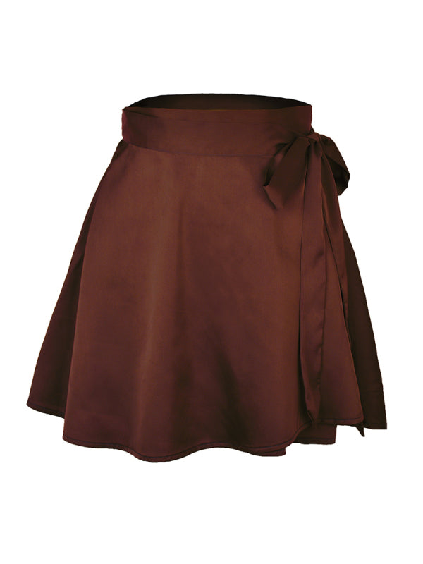Women's Solid Color Satin Wrap Mini Skirt
