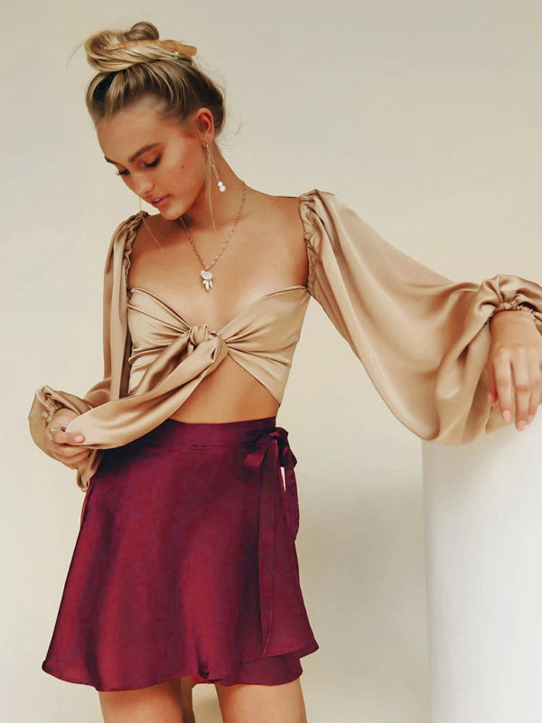 Women's Solid Color Satin Wrap Mini Skirt