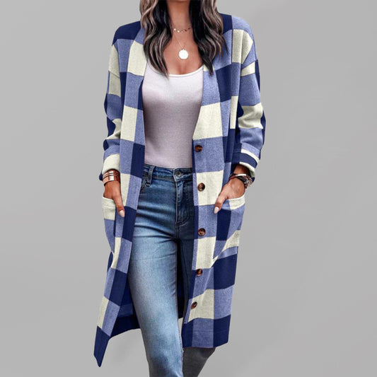 Women's Plaid Print Long Line Drop Shoulder Coat