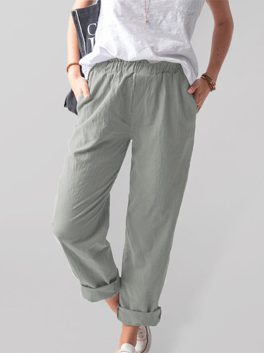 New style solid color casual elastic high waist straight trousers women