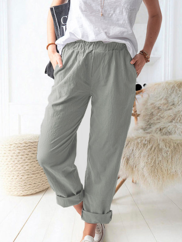 New style solid color casual elastic high waist straight trousers women