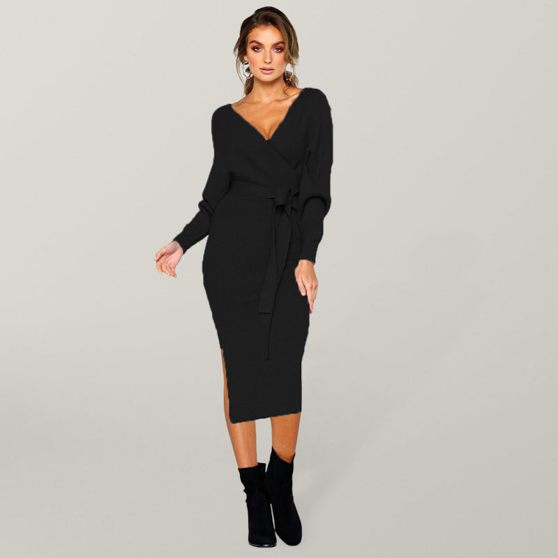 Women's Solid Color Long Sleeve Faux Wrap Sweater Dress