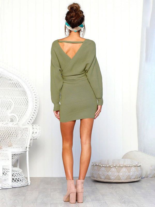 Women's Solid Color Long Sleeve Faux Wrap Sweater Dress