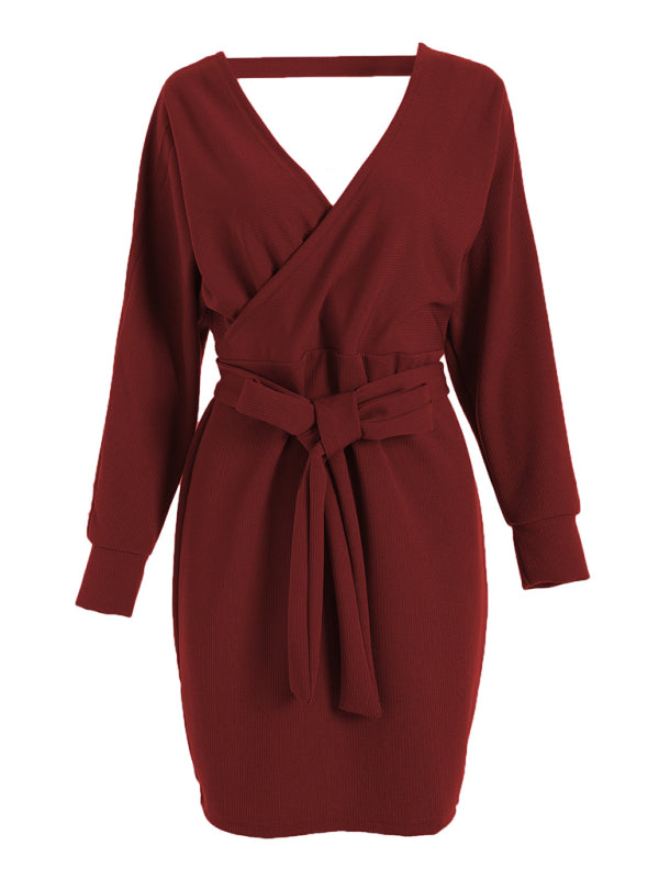 Women's Solid Color Long Sleeve Faux Wrap Sweater Dress
