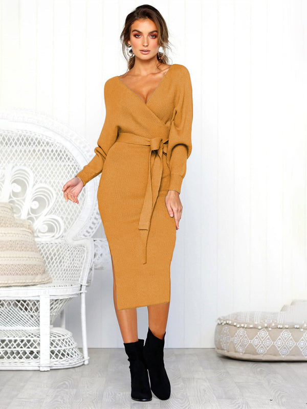 Women's Solid Color Long Sleeve Faux Wrap Sweater Dress