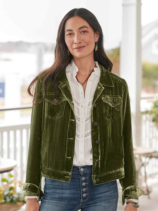 Women's Solid Color Velvet Crop Trucker Jacket