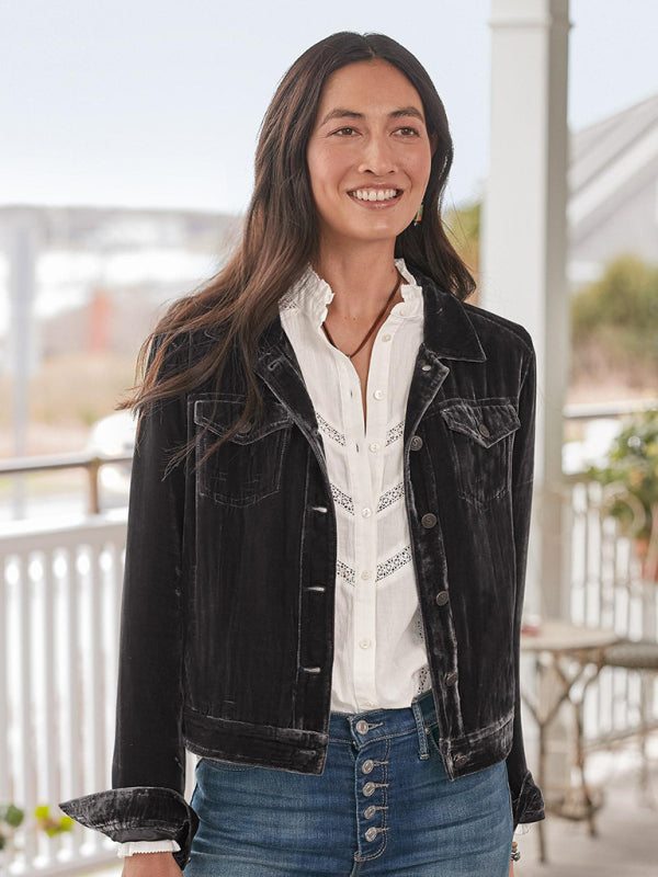 Women's Solid Color Velvet Crop Trucker Jacket