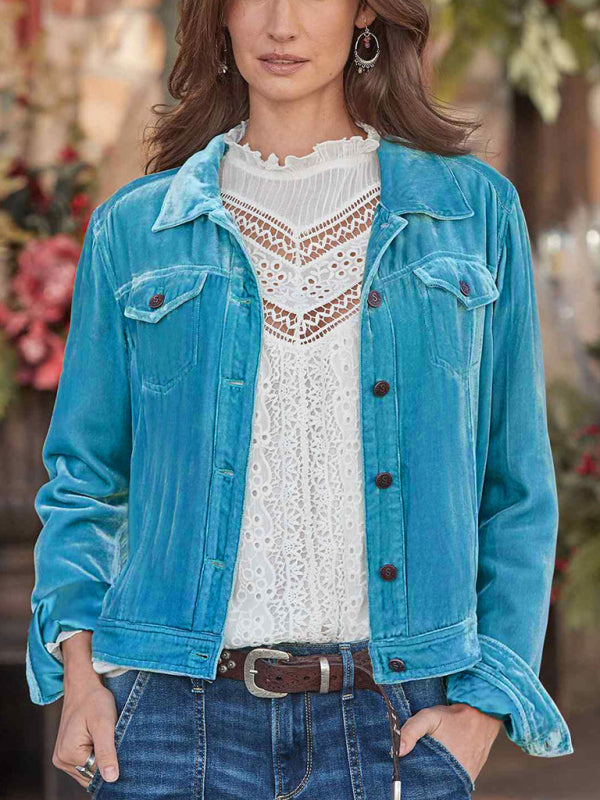 Women's Solid Color Velvet Crop Trucker Jacket