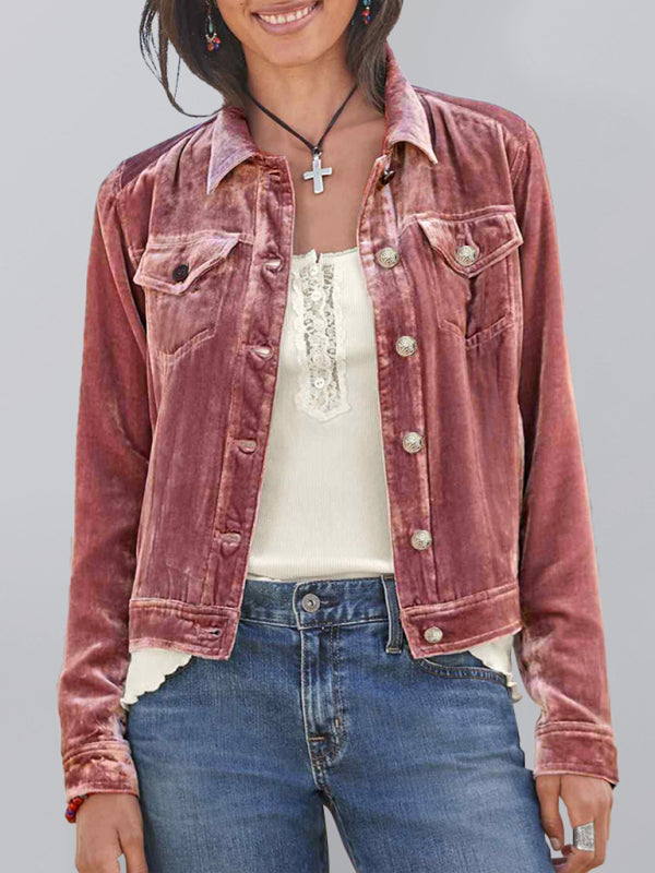 Women's Solid Color Velvet Crop Trucker Jacket