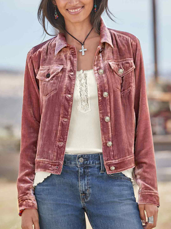 Women's Solid Color Velvet Crop Trucker Jacket