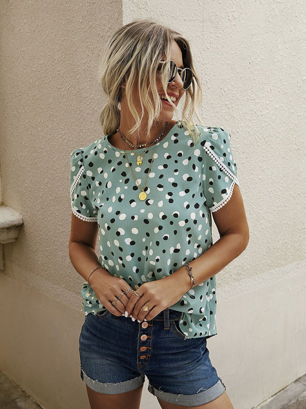 Women's Polka Dot Print Slit Short Sleeve Crew Neck Top
