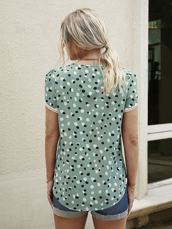 Women's Polka Dot Print Slit Short Sleeve Crew Neck Top
