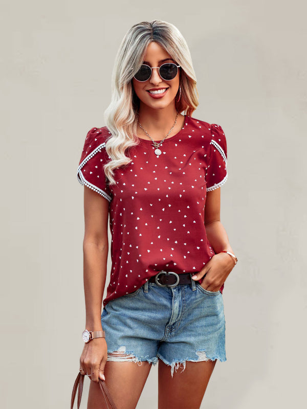 Women's Polka Dot Print Slit Short Sleeve Crew Neck Top