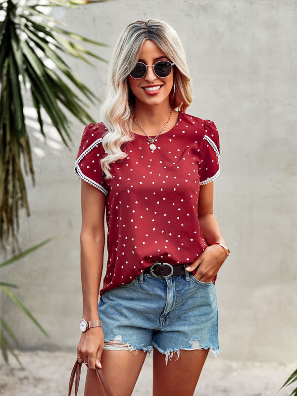 Women's Polka Dot Print Slit Short Sleeve Crew Neck Top
