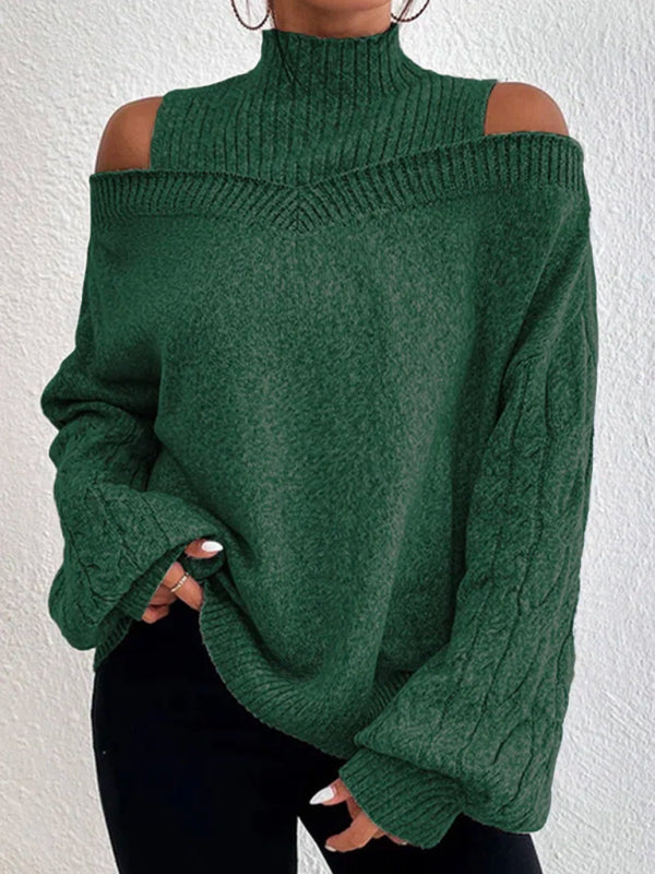 Women's Solid color turtleneck cut-out off-the-shoulder long-sleeved sweater