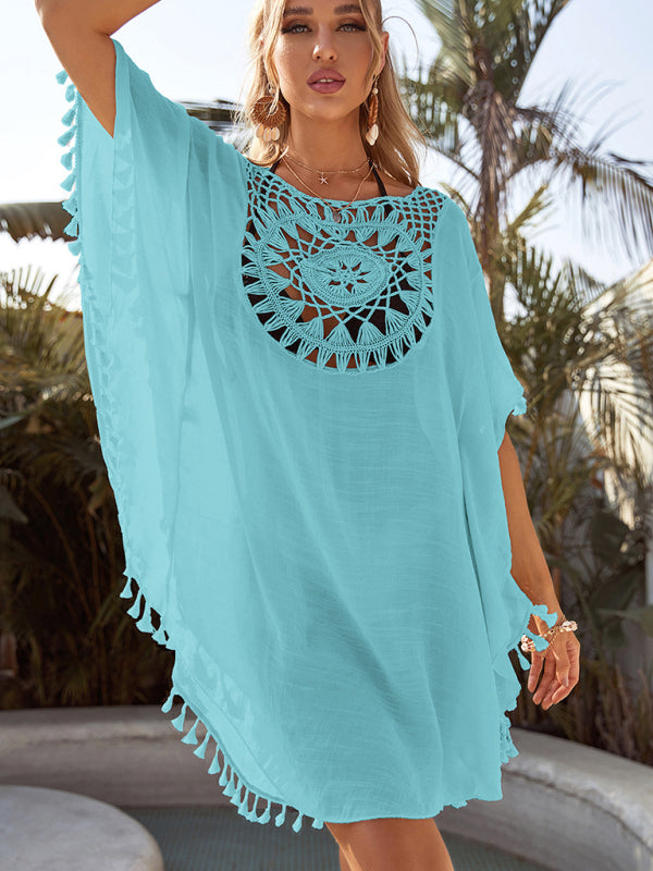 Sexy off-shoulder hollow loose tassel bikini with ins wind and beach blouse