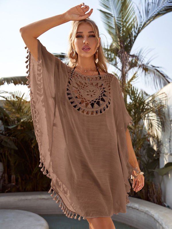 Sexy off-shoulder hollow loose tassel bikini with ins wind and beach blouse
