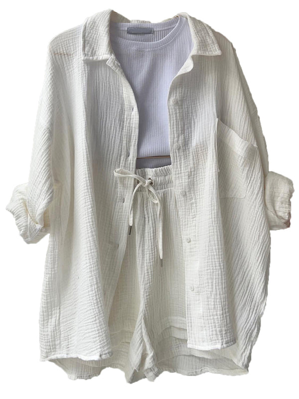 Women's Solid Color Lightweight Pleated Pattern Point Collar Button-up Top Matching Short Set