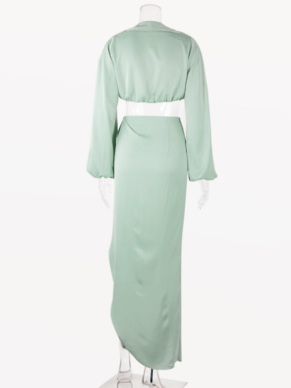 V crop top slit skirt suit satin nightclub sexy two-piece suit