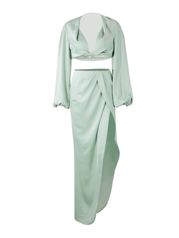 V crop top slit skirt suit satin nightclub sexy two-piece suit