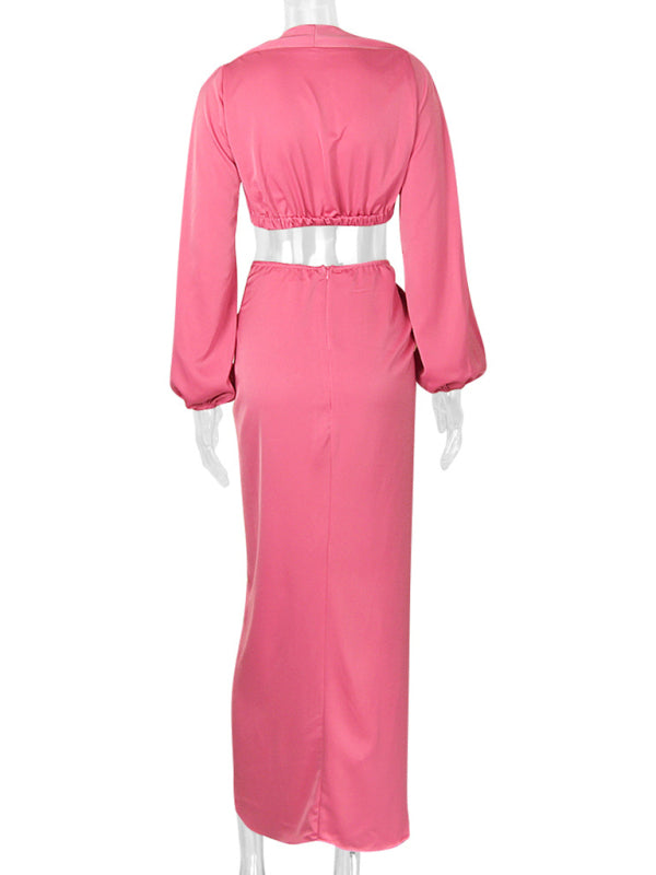 V crop top slit skirt suit satin nightclub sexy two-piece suit