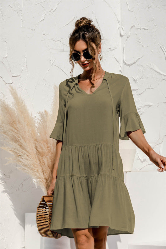 V-neck trumpet sleeve cake style stitching dress