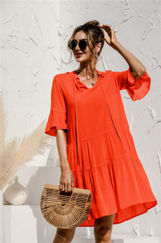 V-neck trumpet sleeve cake style stitching dress