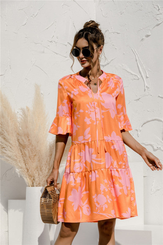 V-neck trumpet sleeve cake style stitching dress