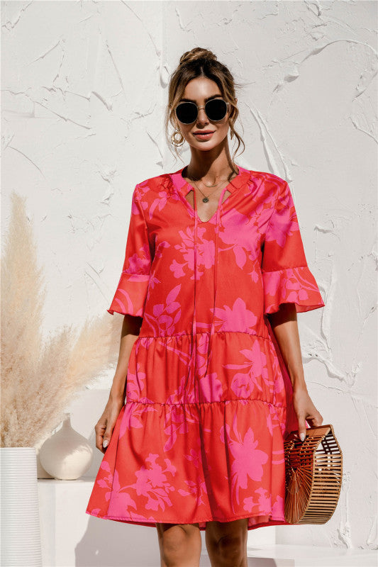 V-neck trumpet sleeve cake style stitching dress