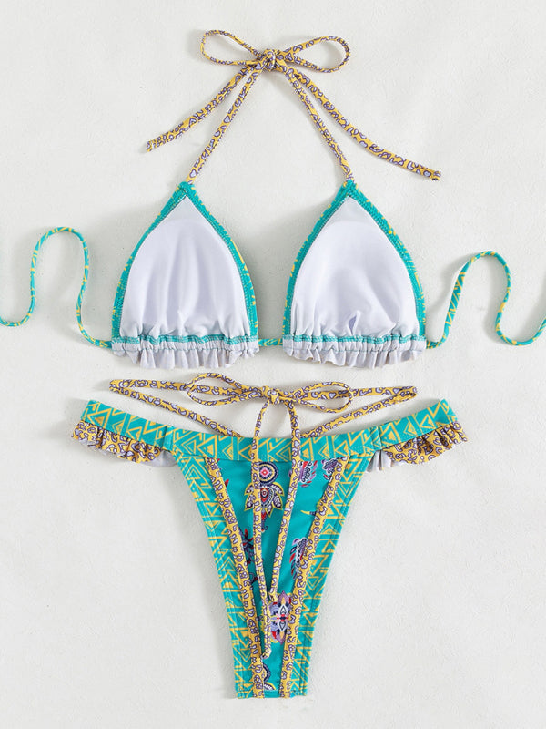 Women's Ethnic Print Halter Neck Tie Bikini Set