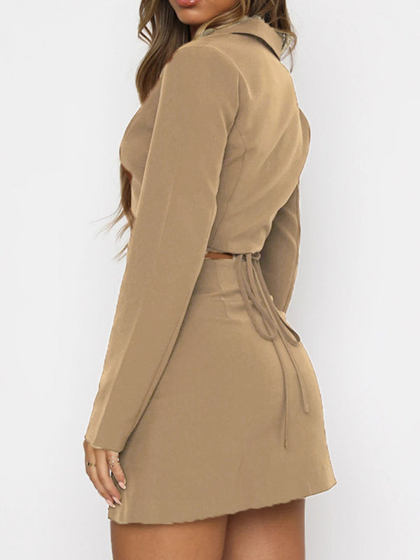 Women's solid color sexy slit tie skirt two-piece set