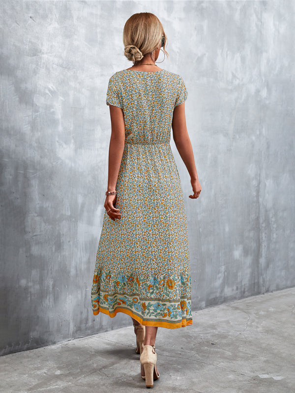 Women's Short Sleeves V-neck Long Bohemian Maxi Dress