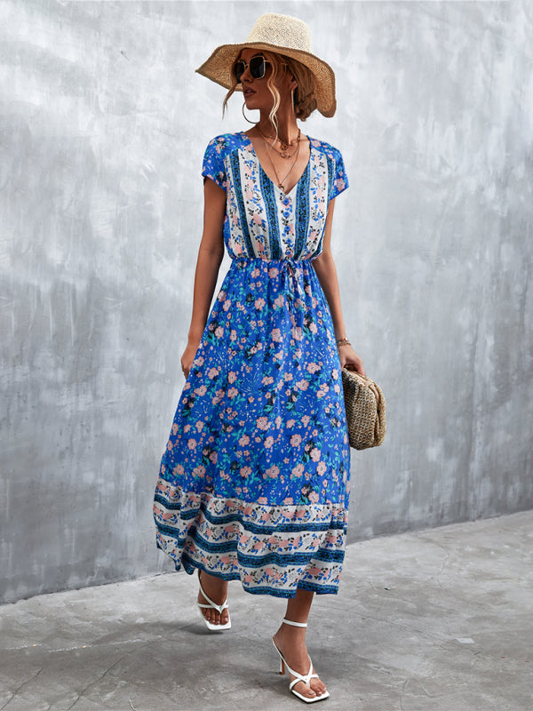 Women's Short Sleeves V-neck Long Bohemian Maxi Dress