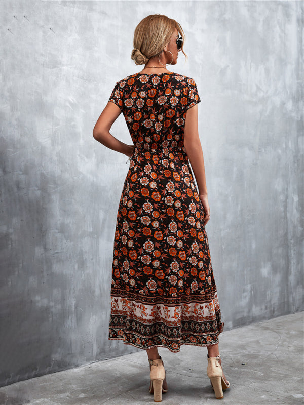Women's Short Sleeves V-neck Long Bohemian Maxi Dress