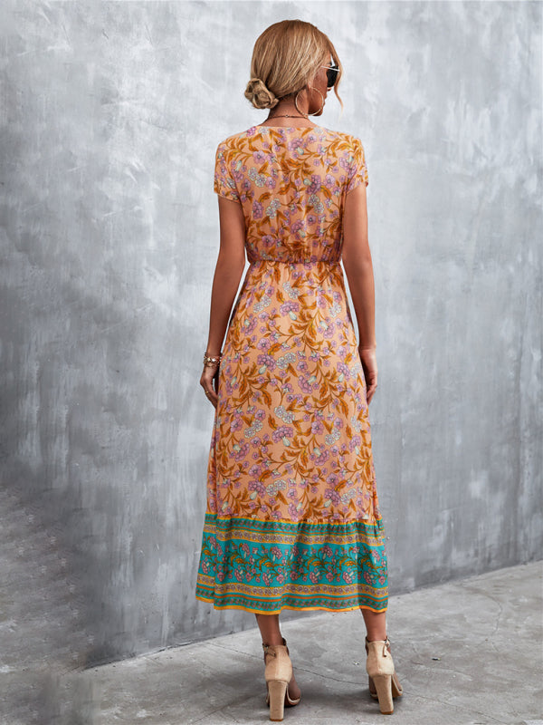 Women's Short Sleeves V-neck Long Bohemian Maxi Dress