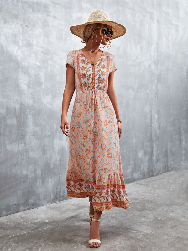 Women's Short Sleeves V-neck Long Bohemian Maxi Dress