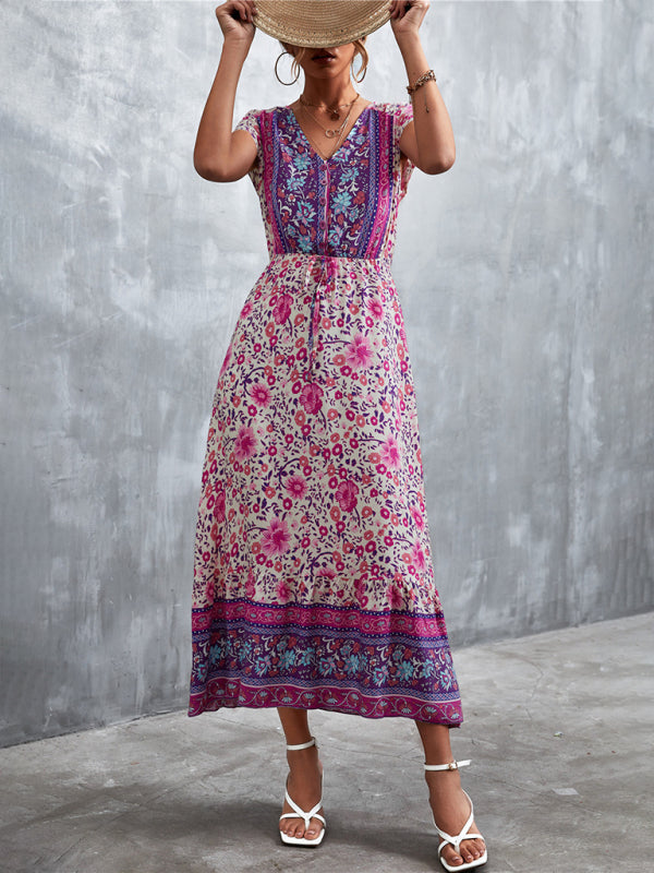 Women's Short Sleeves V-neck Long Bohemian Maxi Dress