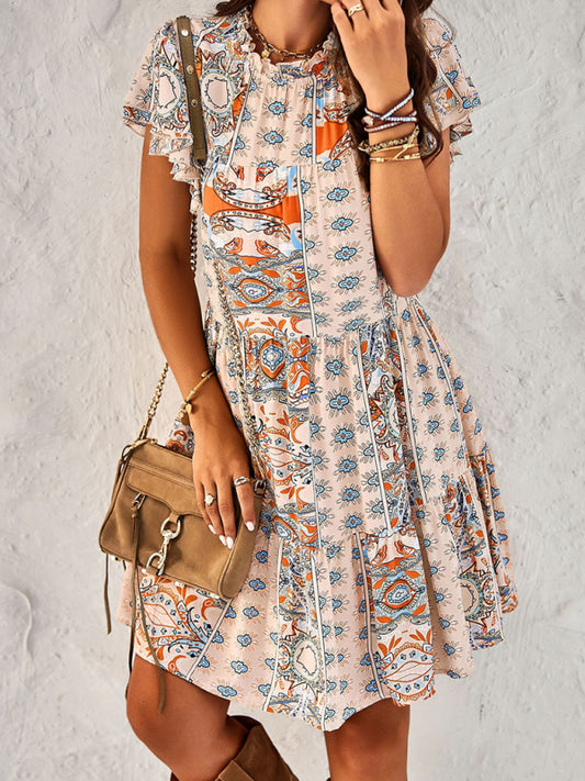 Women's Bohemian Print Flutter Sleeve Tiered Ruffle Dress