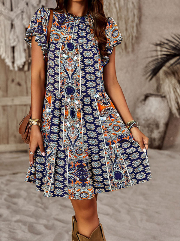 Women's Bohemian Print Flutter Sleeve Tiered Ruffle Dress