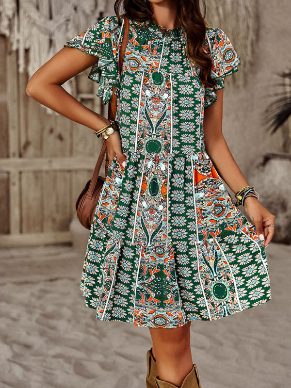 Women's Bohemian Print Flutter Sleeve Tiered Ruffle Dress