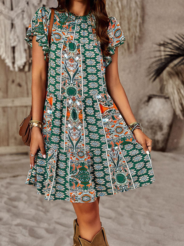 Women's Bohemian Print Flutter Sleeve Tiered Ruffle Dress