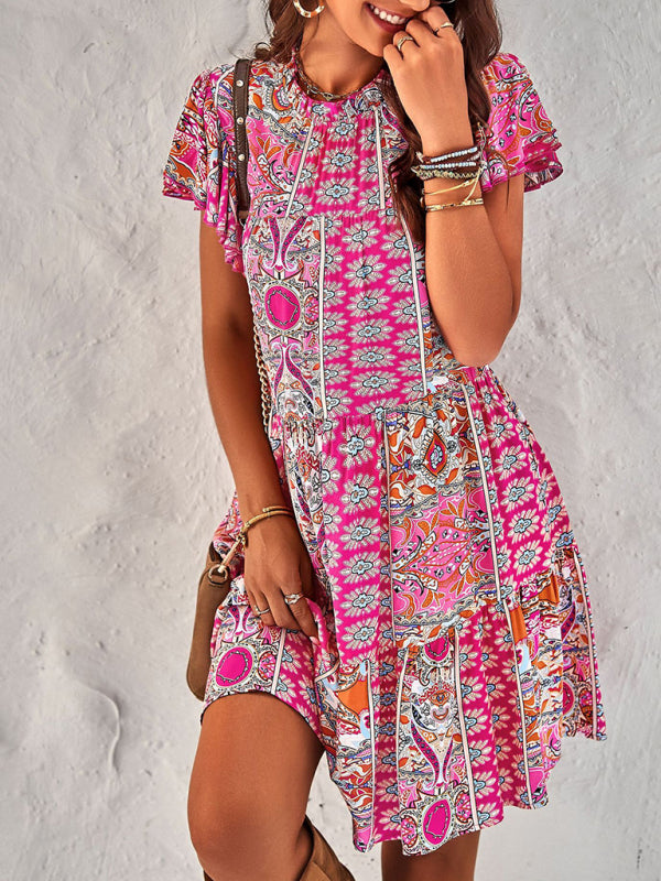 Women's Bohemian Print Flutter Sleeve Tiered Ruffle Dress