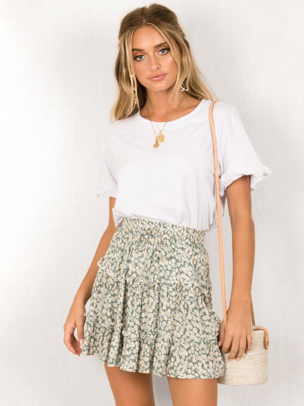 Women's Solid Color Tiered Ruffle Waist Tie Mini Skirt
