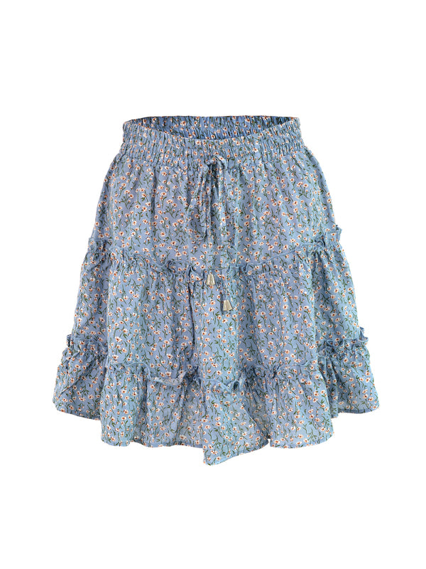 Women's Solid Color Tiered Ruffle Waist Tie Mini Skirt