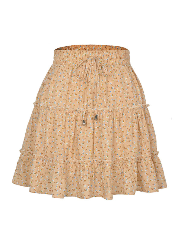 Women's Solid Color Tiered Ruffle Waist Tie Mini Skirt
